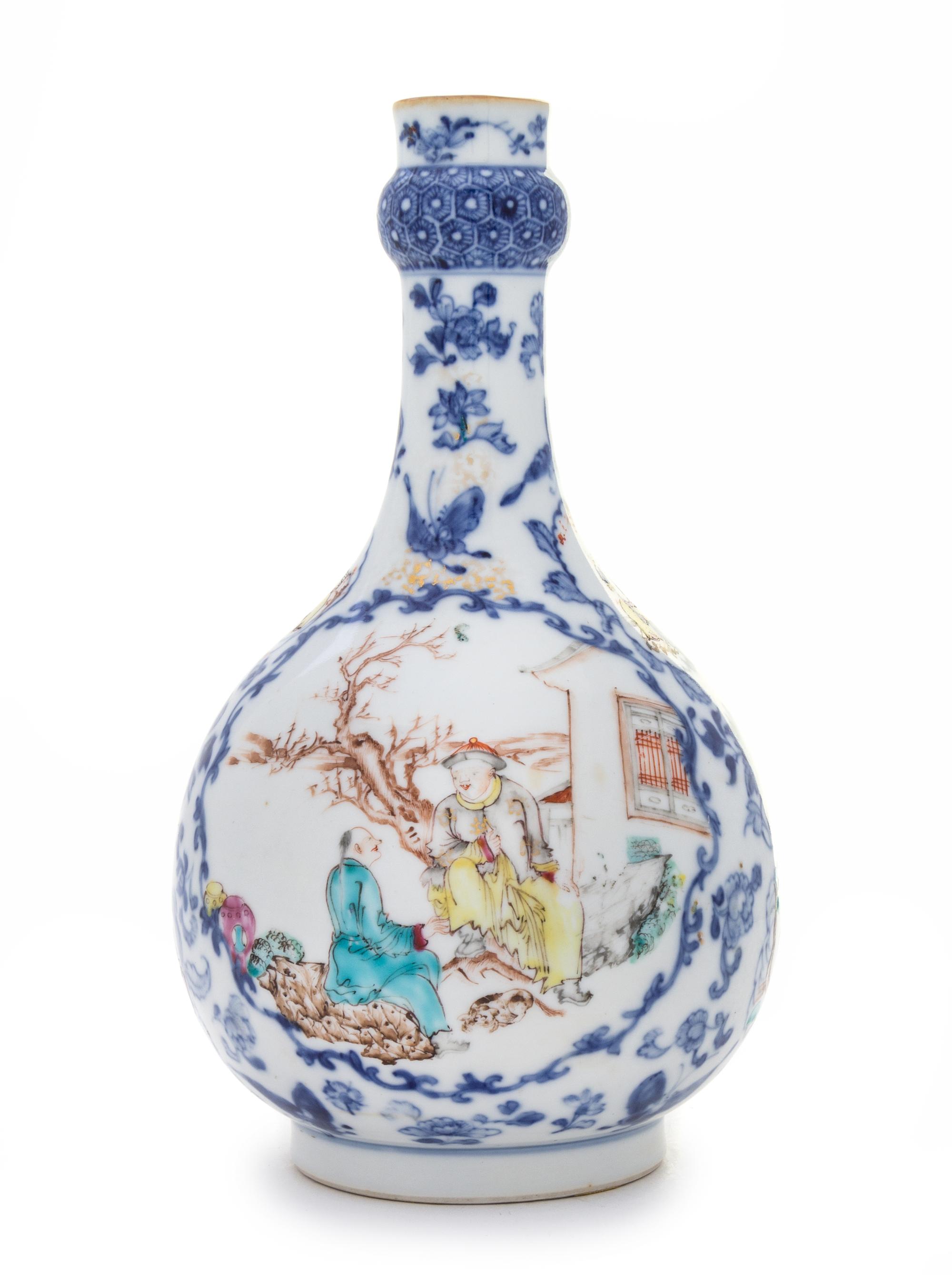 A Famille Rose and Underglazed Blue Porcelain Bottle Vase LIKELY MID-LATE QING DYNASTY Height 9 1/2 inches. — LIKELY MID-LATE QING DYNASTY