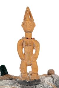 A Benin Shell and Woven Reed Mask with Carved Figures