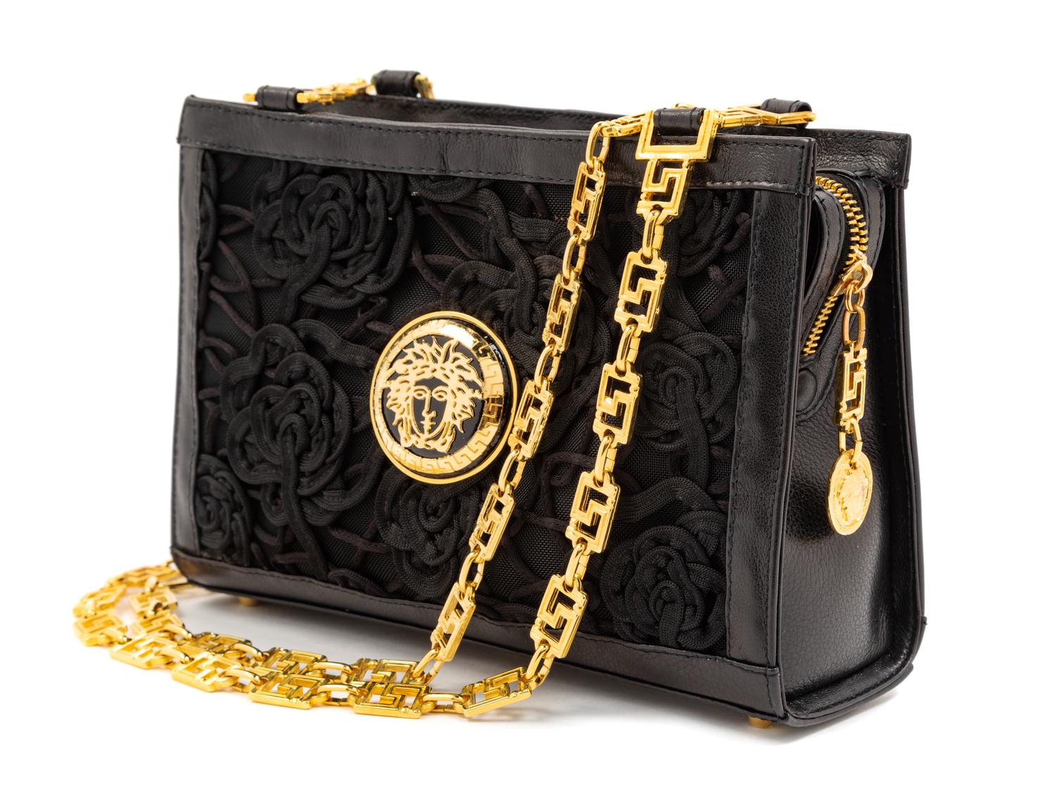 Gianni Versace Couture Black Sheer Handbag with Sheer Heels, 1990s 9.75" L x 3" W x 6.25" H; strap drop: 18.5". Shoe size: 38