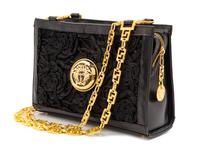 Gianni Versace Couture Black Sheer Handbag with Sheer Heels, 1990s 9.75" L x 3" W x 6.25" H; strap drop: 18.5". Shoe size: 38