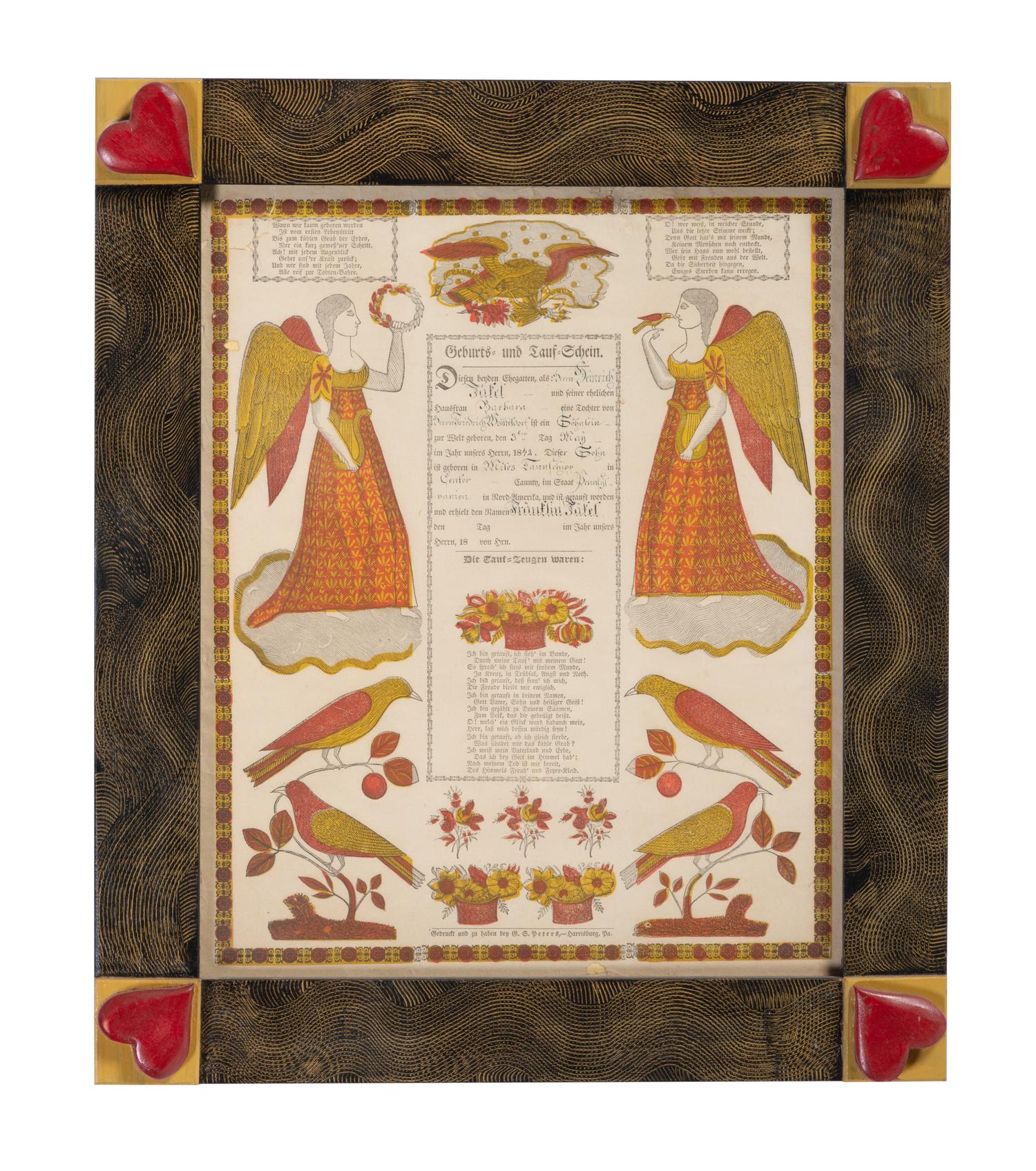 A Pennsylvania German Engraved and Polychrome Decorated Baptism Fraktur