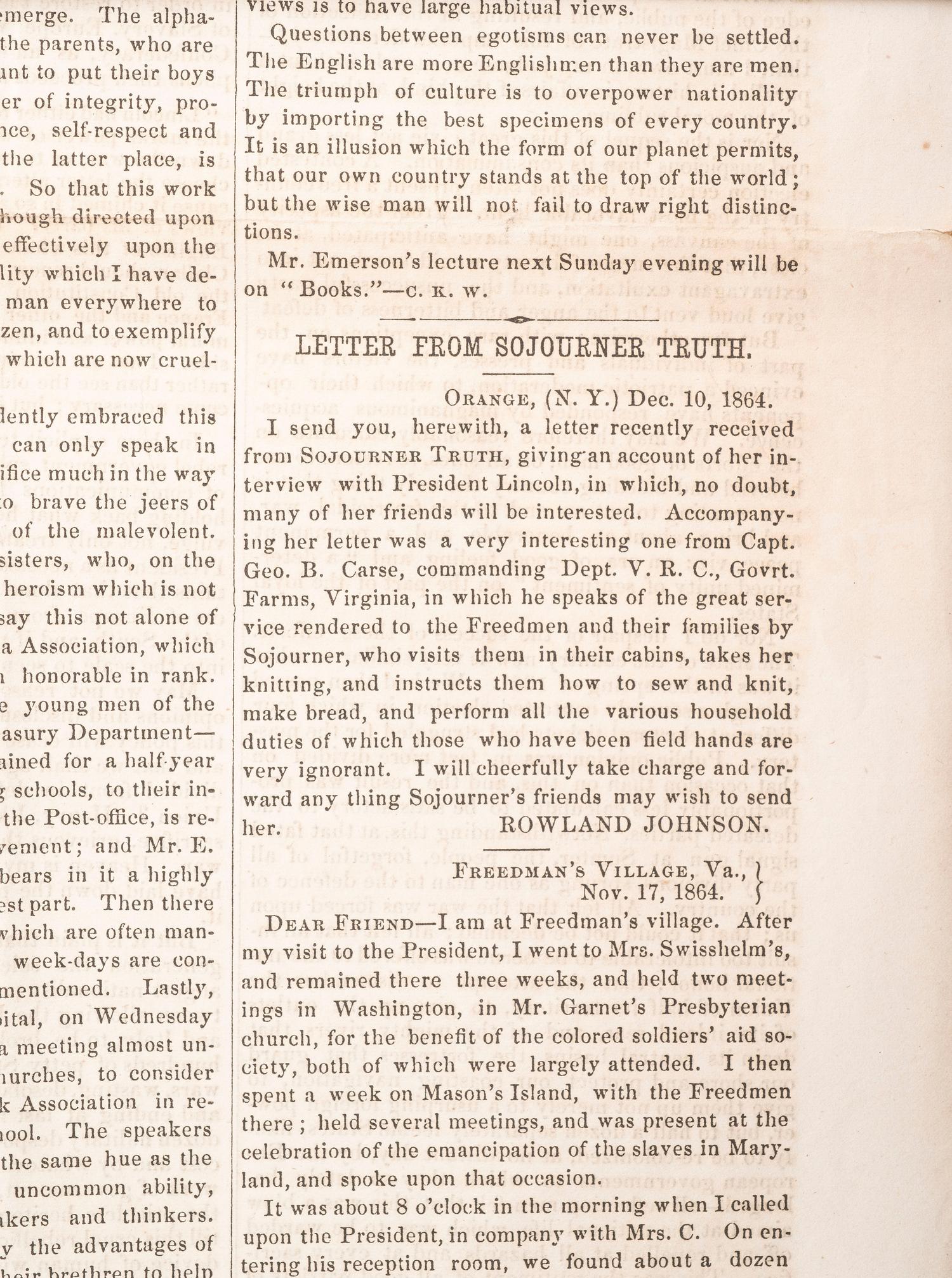 [ABOLITION] Sojourner Truth's account of meeting Lincoln featured in The Liberator . 23 Dec. 1864.