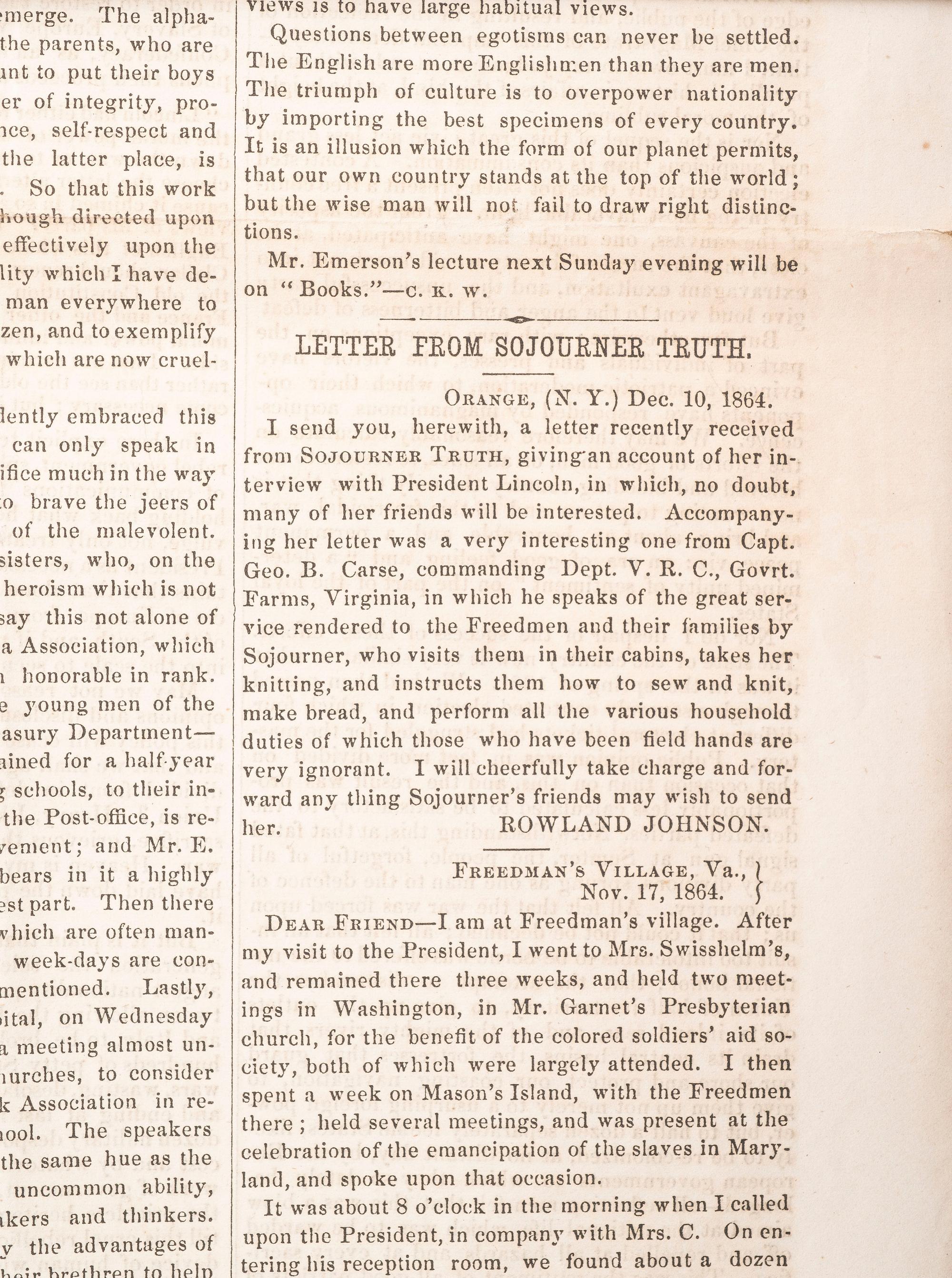 [ABOLITION] Sojourner Truth's account of meeting Lincoln featured in The Liberator . 23 Dec. 1864.