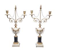 A Pair of Directoire Gilt Bronze, Alabaster and Marble Two-Light Candelabra