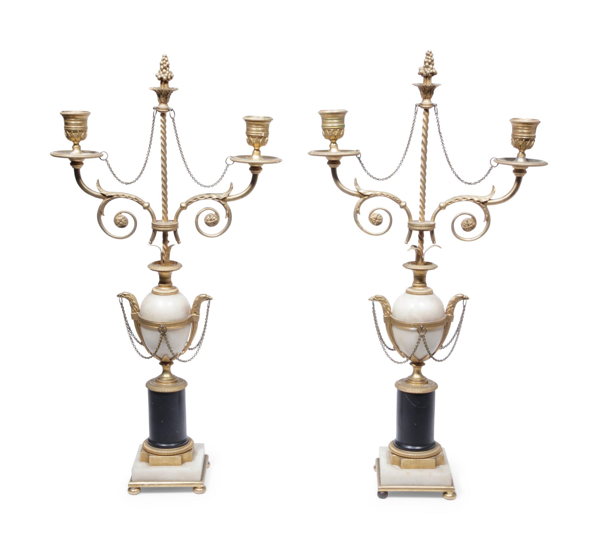 A Pair of Directoire Gilt Bronze, Alabaster and Marble Two-Light Candelabra