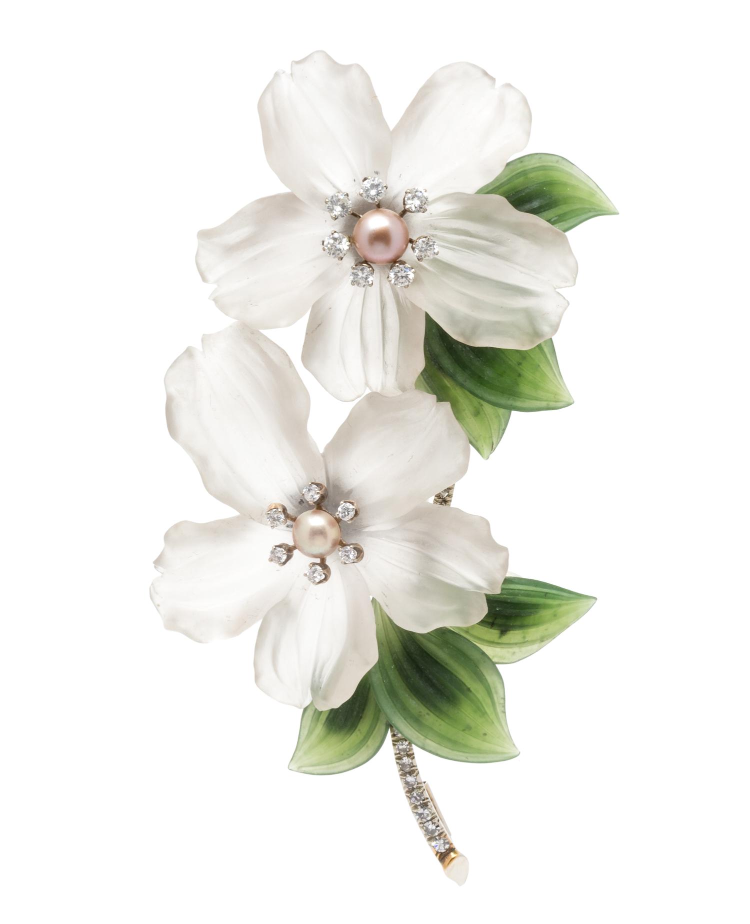 A 14 Karat White Gold, Rock Crystal, Nephrite, Diamond and Cultured Pearl Double Flower Brooch, Austrian, 27.70 dwts.