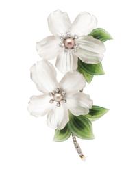 A 14 Karat White Gold, Rock Crystal, Nephrite, Diamond and Cultured Pearl Double Flower Brooch, Austrian, 27.70 dwts.