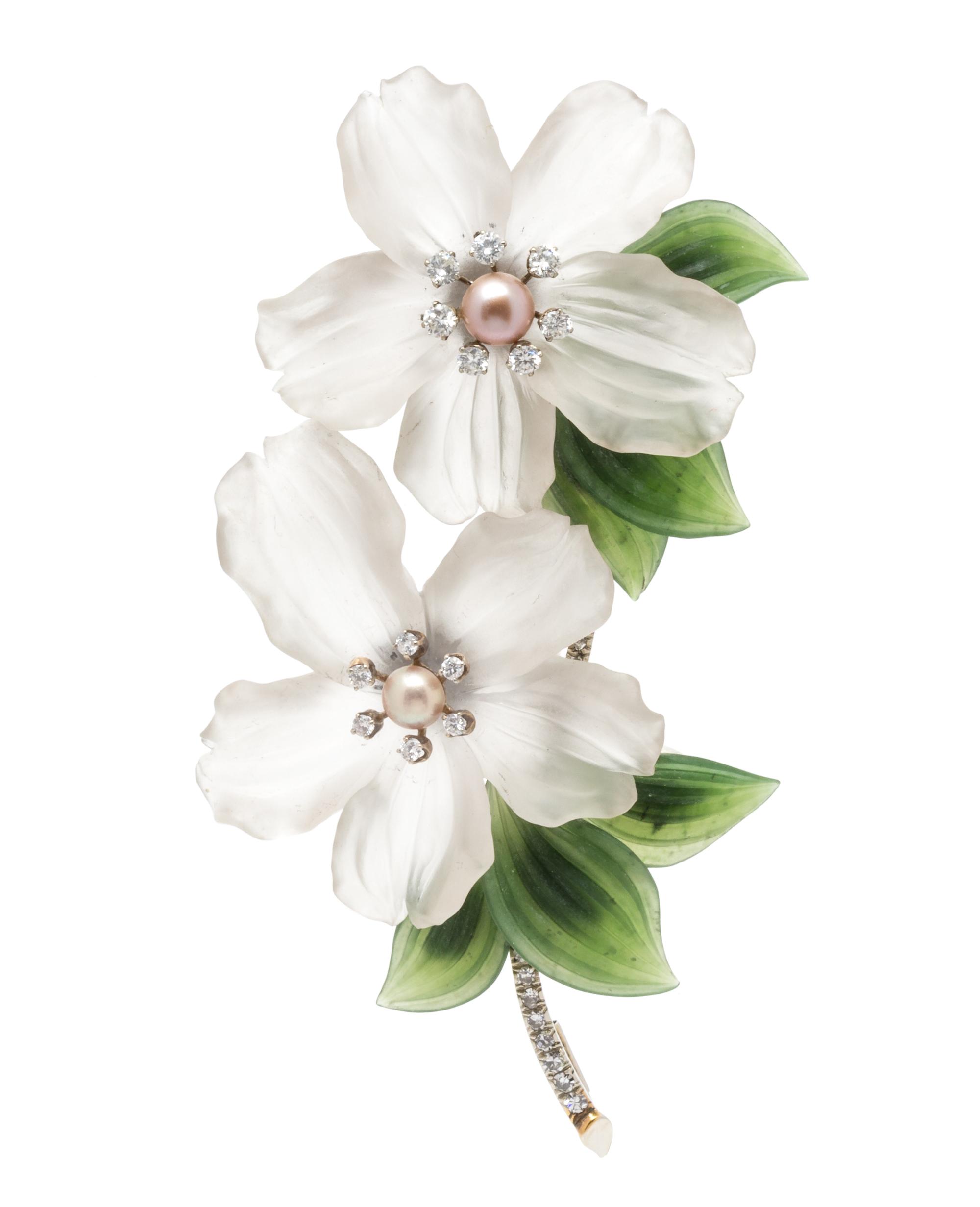 A 14 Karat White Gold, Rock Crystal, Nephrite, Diamond and Cultured Pearl Double Flower Brooch, Austrian, 27.70 dwts.