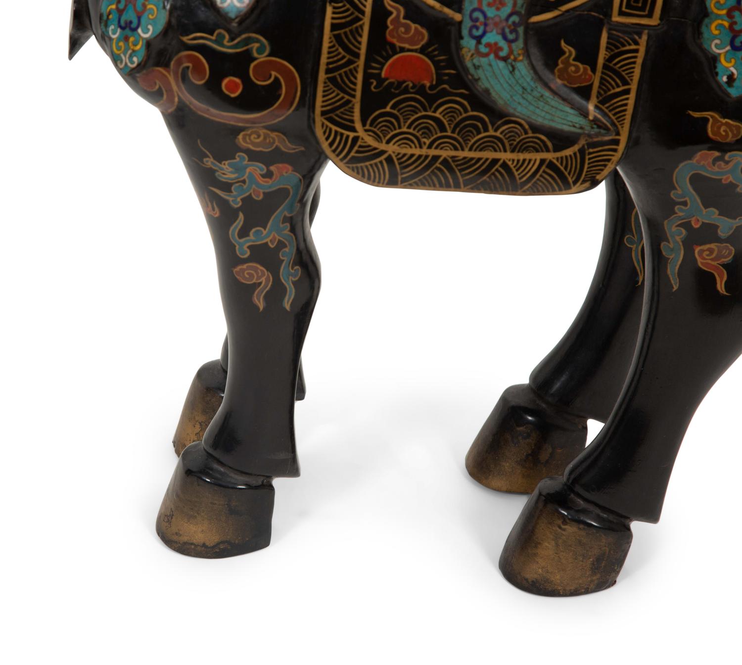 A Pair of Chinese Painted Wood and Cloisonné Models of Horses