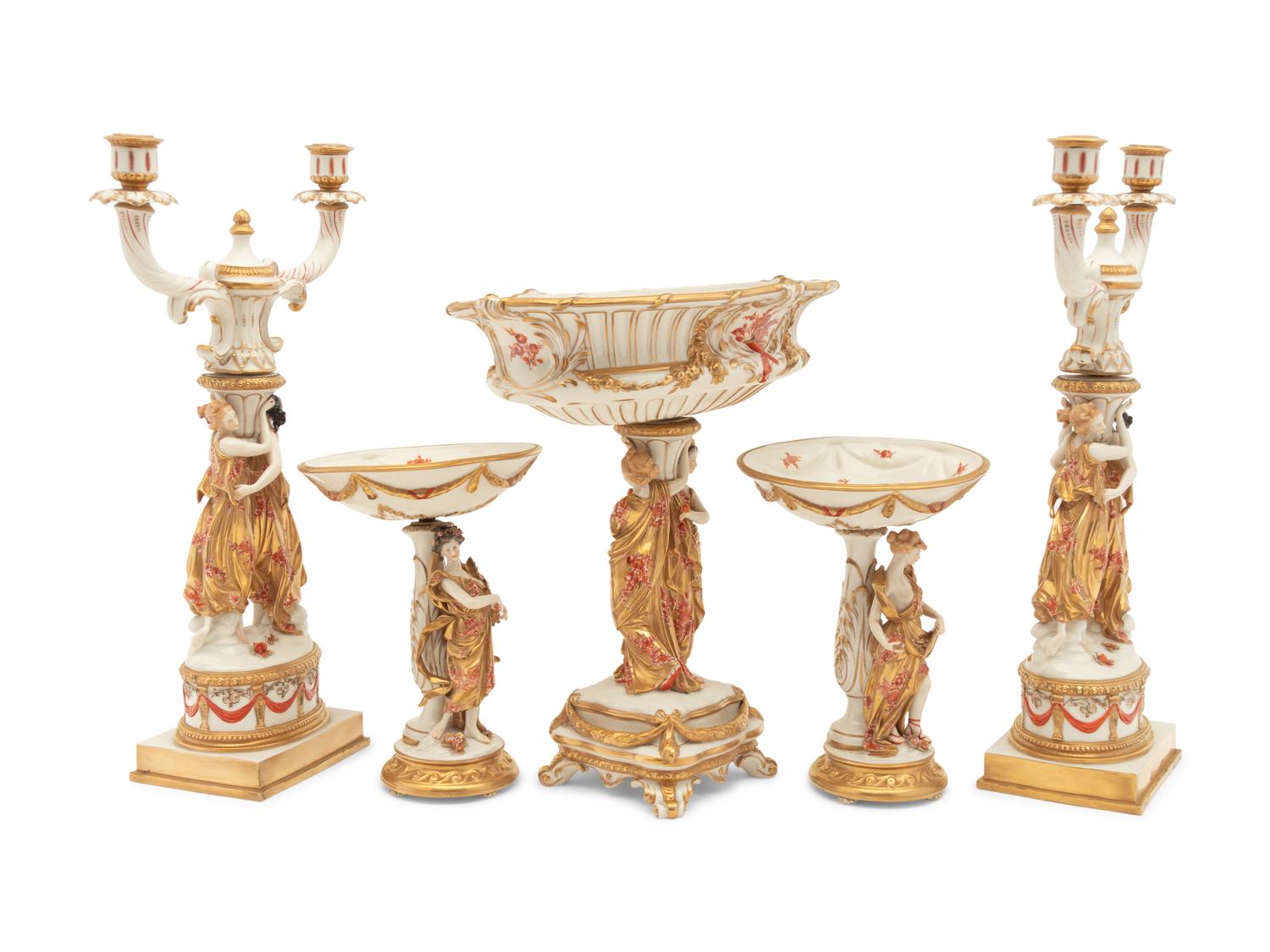 A Capodimonte Porcelain Figural Seventeen-Piece Table Garniture