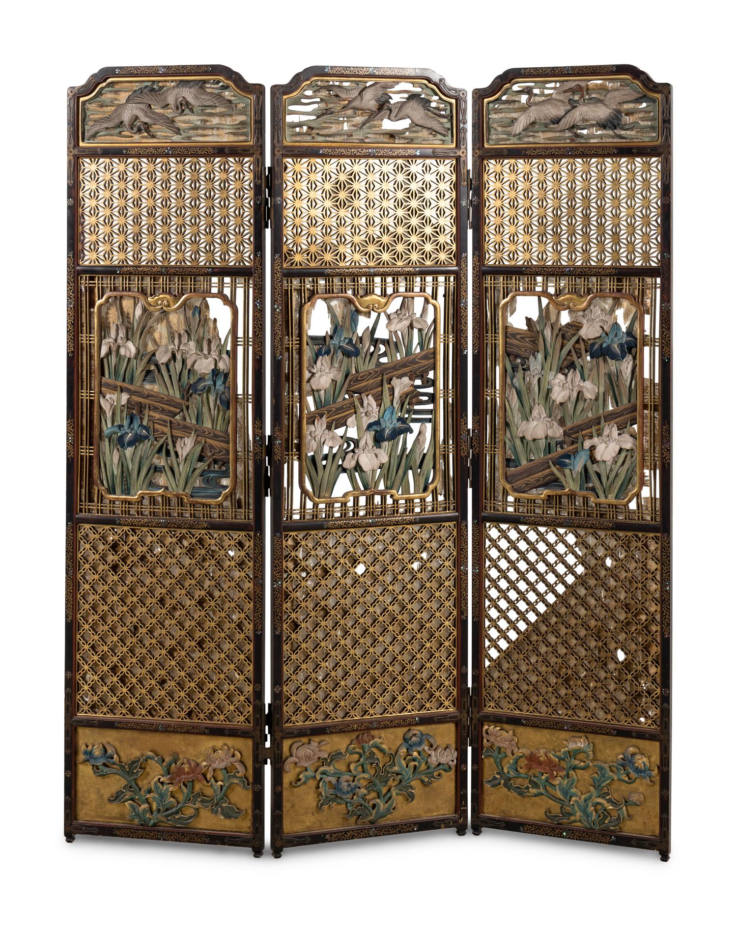 A Carved, Painted and Mother-of-Pearl Inlaid "Japonisme" Three-Panel Floor Screen