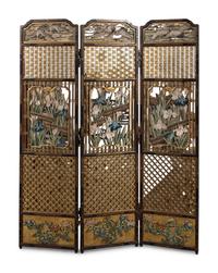 A Carved, Painted and Mother-of-Pearl Inlaid "Japonisme" Three-Panel Floor Screen