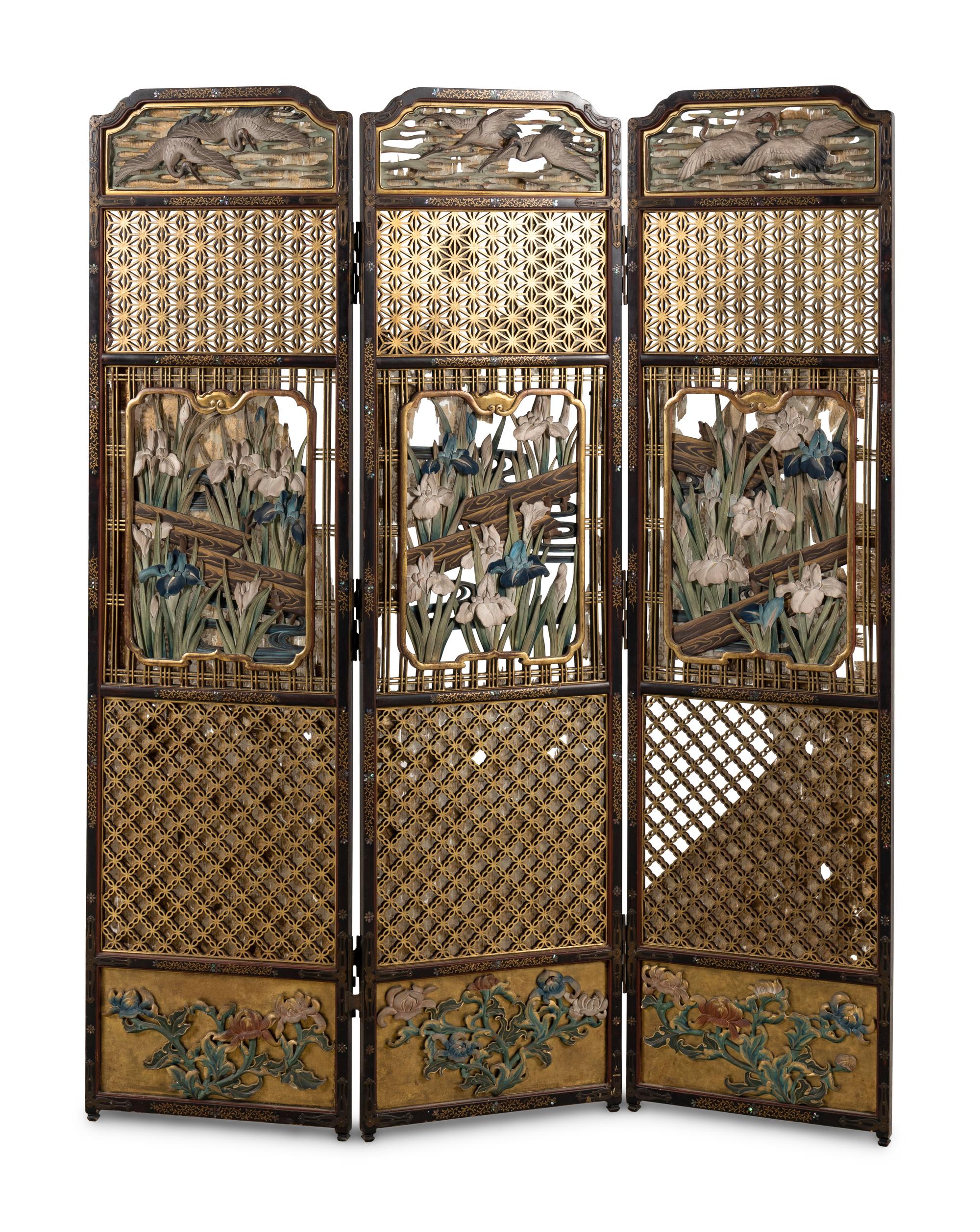 A Carved, Painted and Mother-of-Pearl Inlaid "Japonisme" Three-Panel Floor Screen
