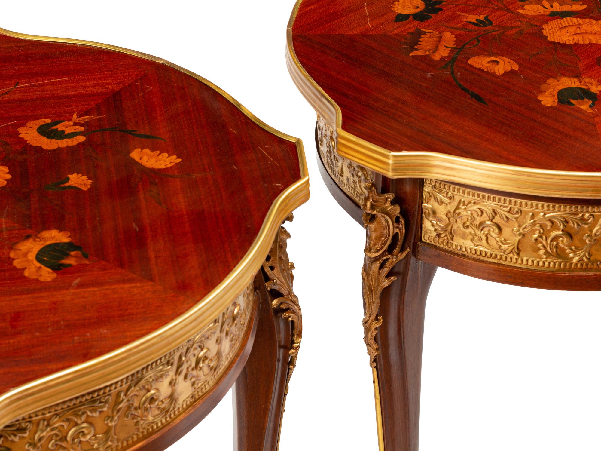 A Pair of Louis XV Style Gilt Metal Mounted Marquetry Tables