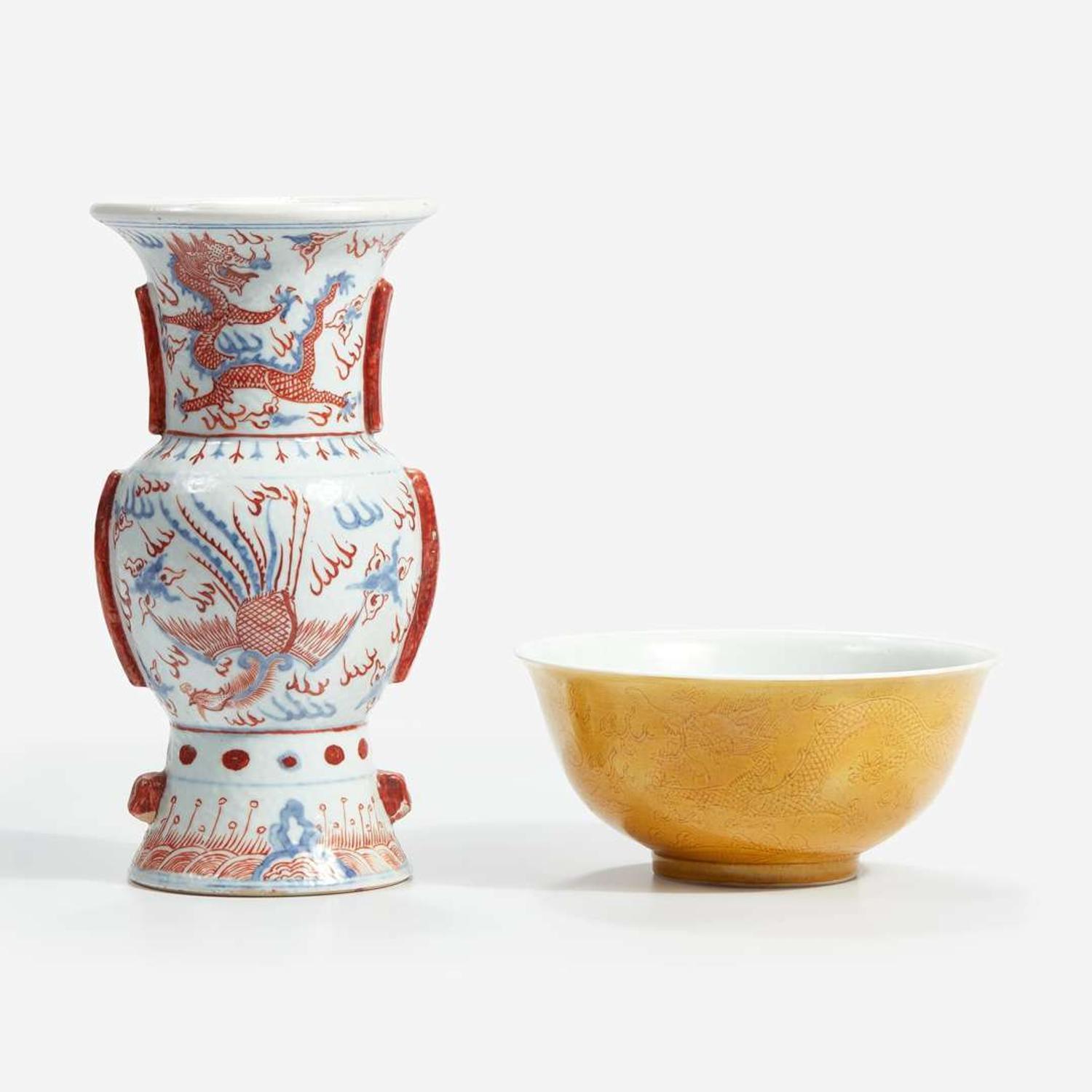 A Chinese yellow-ground “Dragon” bowl and an iron-red and underglaze blue “Dragon and Phoenix” vase