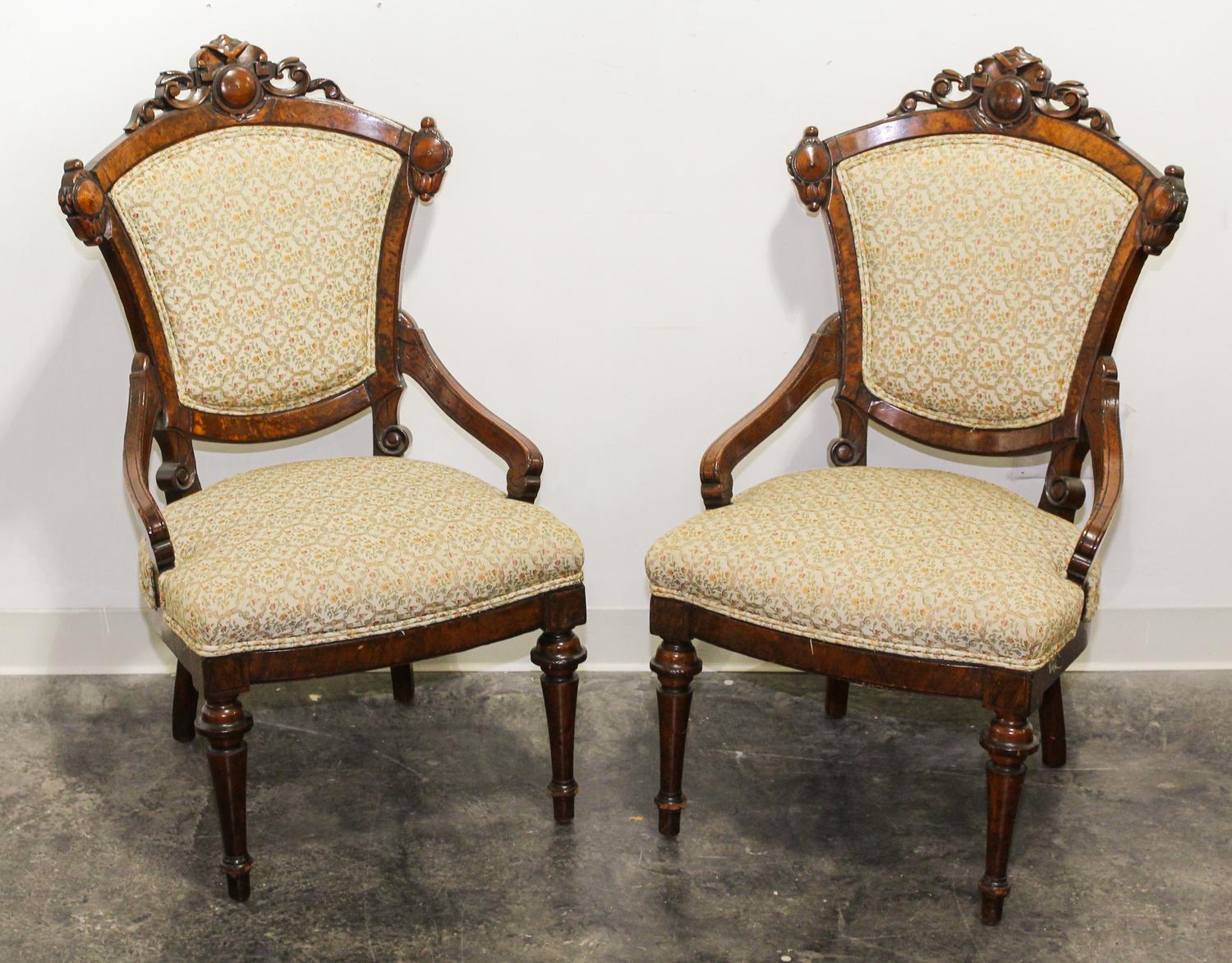 A Pair of Victorian Armchairs Height of each 37 1/4 inches.