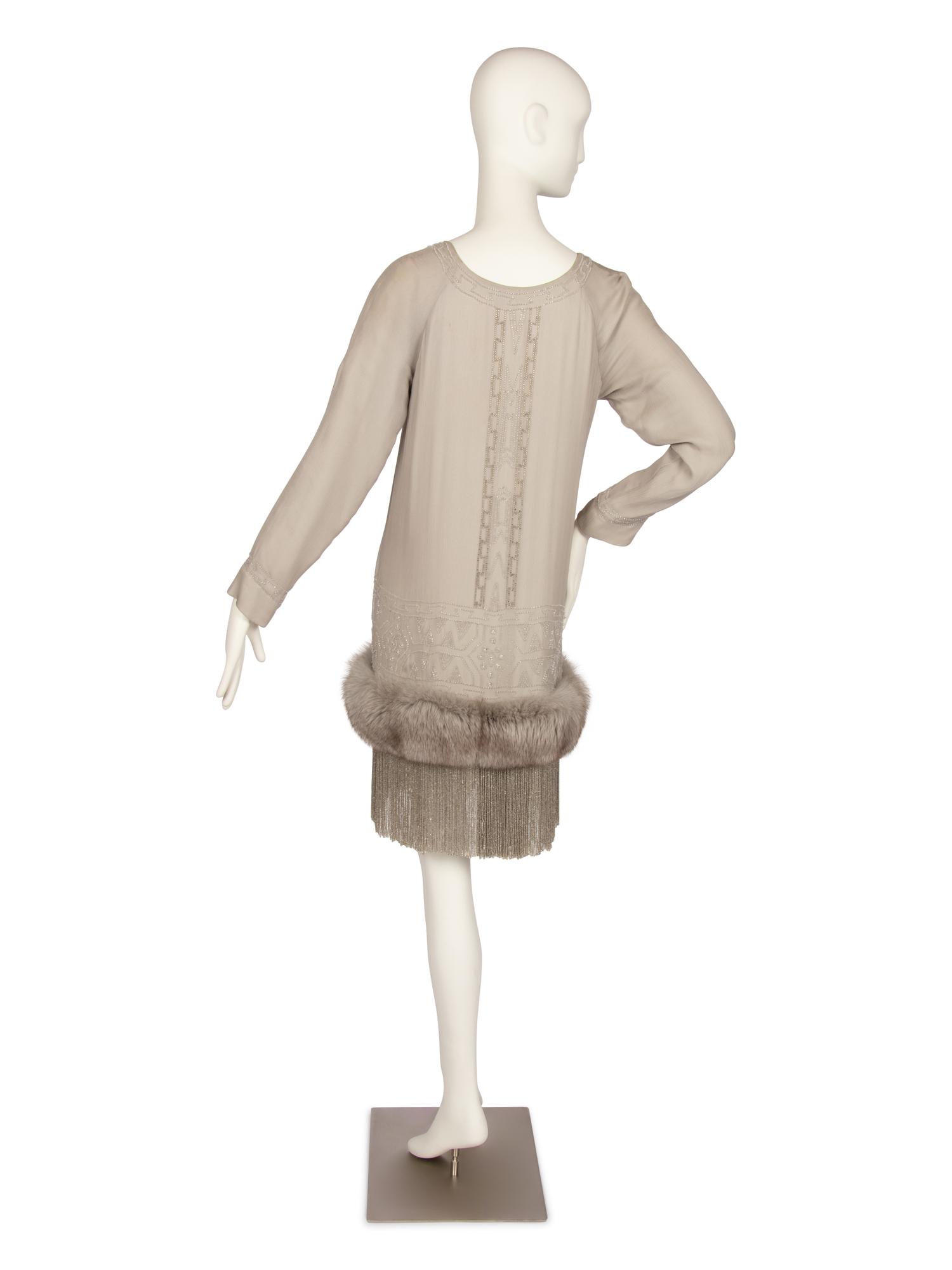 J. Mendel Silk Dress with Beading and Fox Fur Trim, 1990-2000s