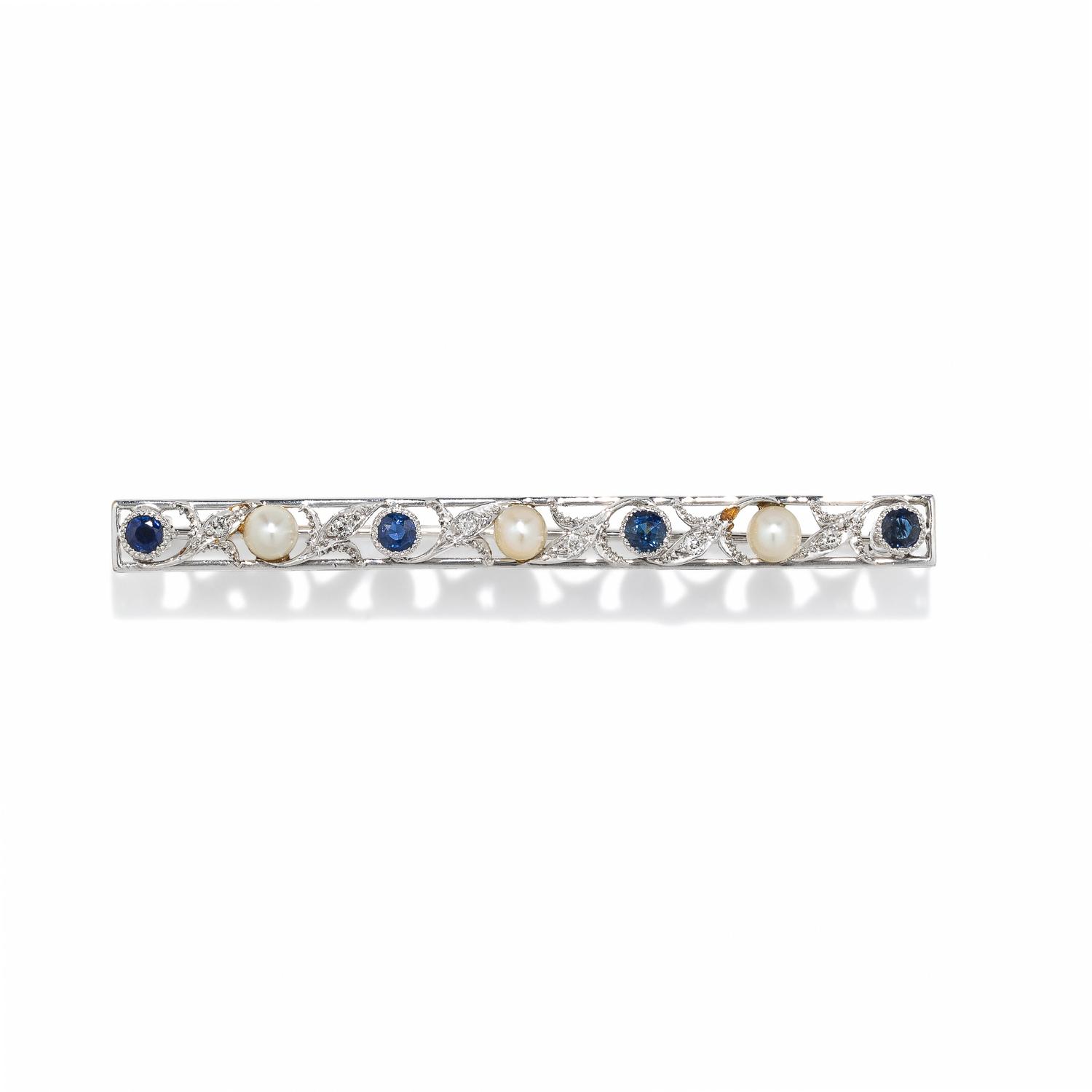 LEBOLT, EDWARDIAN, DIAMOND, SAPPHIRE, AND CULTURED PEARL BAR BROOCH