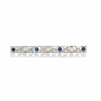 LEBOLT, EDWARDIAN, DIAMOND, SAPPHIRE, AND CULTURED PEARL BAR BROOCH