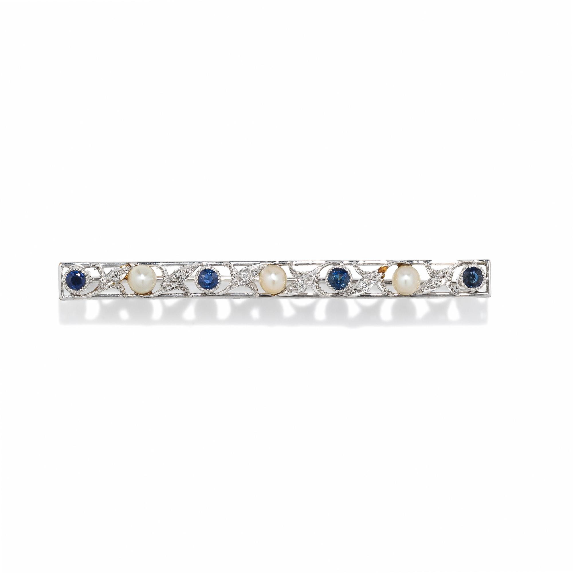 LEBOLT, EDWARDIAN, DIAMOND, SAPPHIRE, AND CULTURED PEARL BAR BROOCH