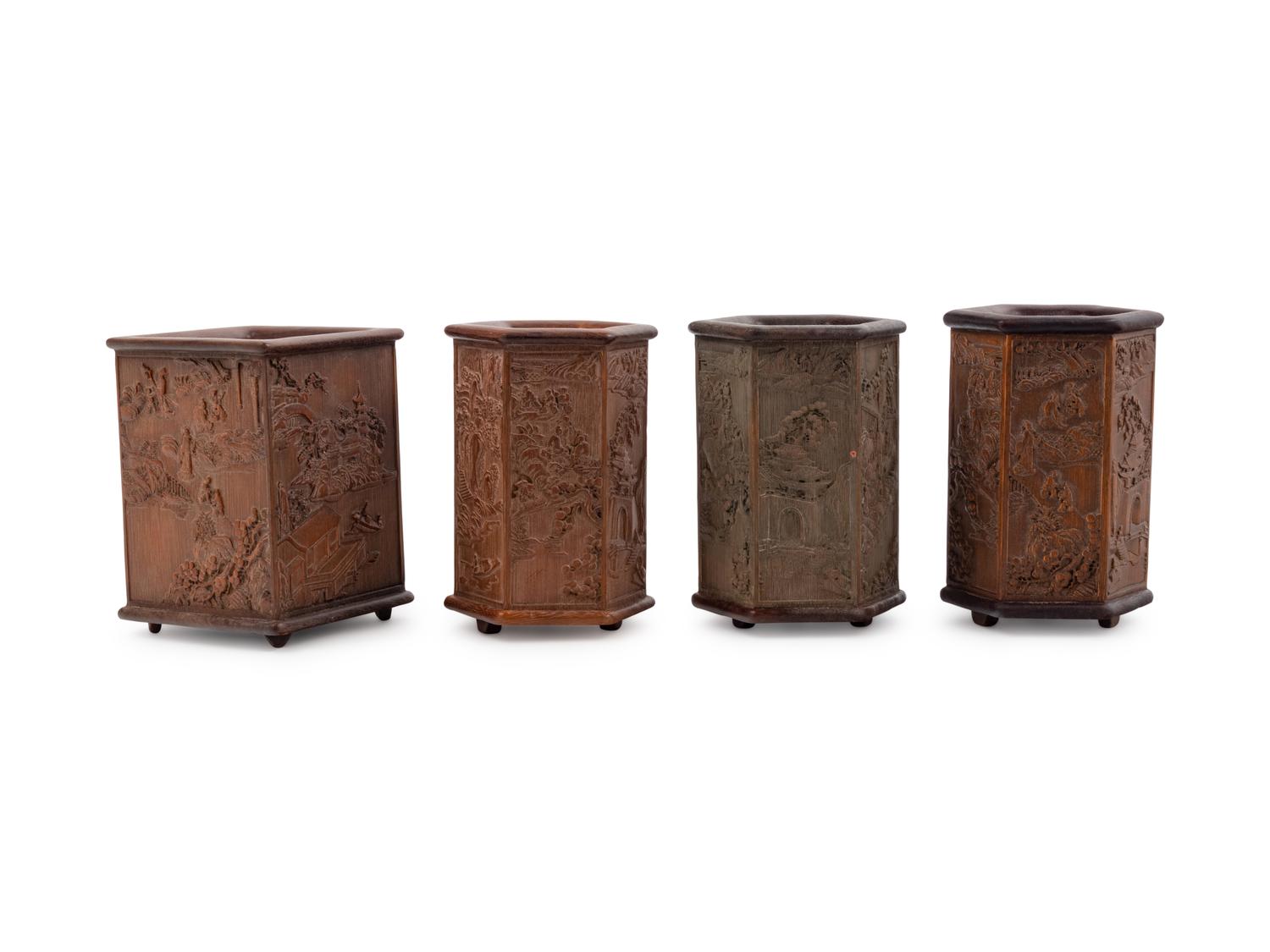 Four Chinese Carved Hardwood Brush Pots, Bitong
