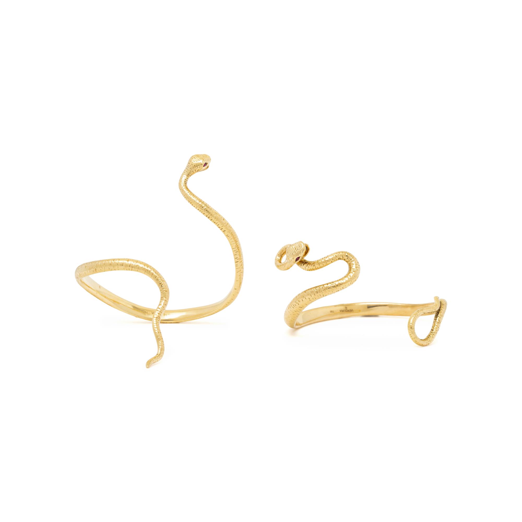 VERDURA, PAIR OF YELLOW GOLD AND RUBY 'MEDUSA' SERPENT CUFF BRACELETS