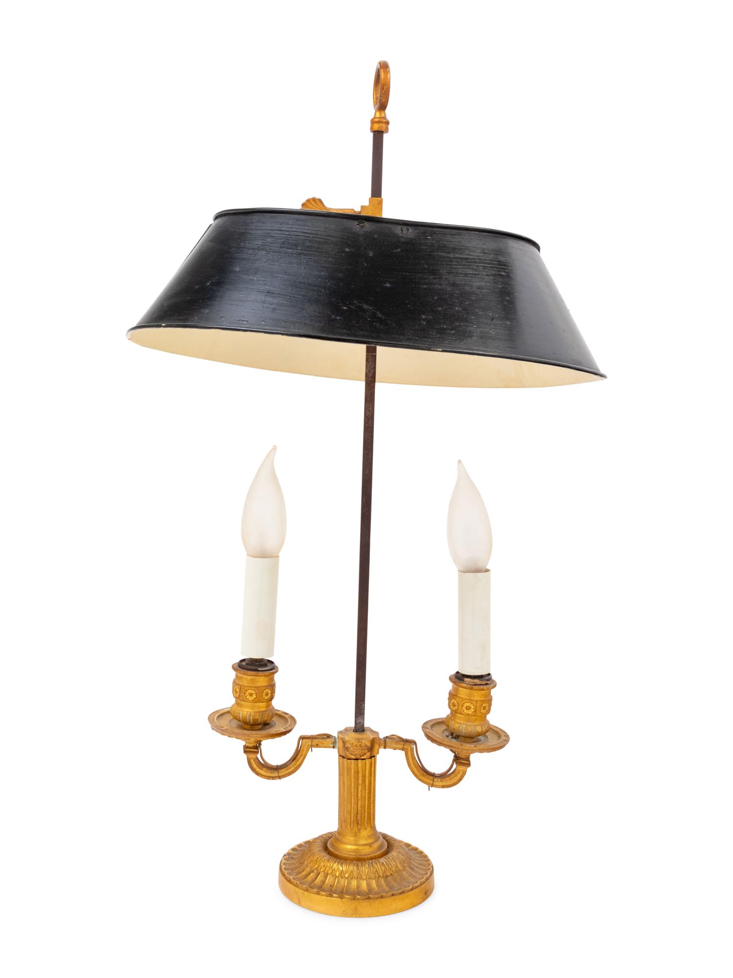 An Empire Style Gilt Bronze Two-Light Bouillotte Lamp with a Tôle Shade