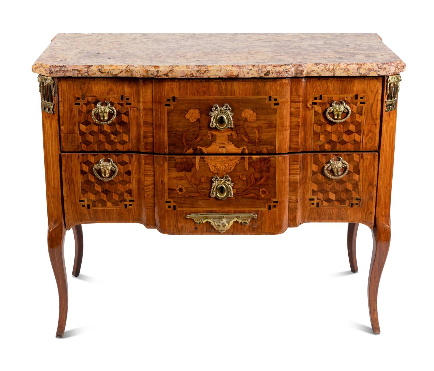 A Swedish Gilt Bronze Mounted Marquetry and Tortosa Brocatello Marble-Top Commode