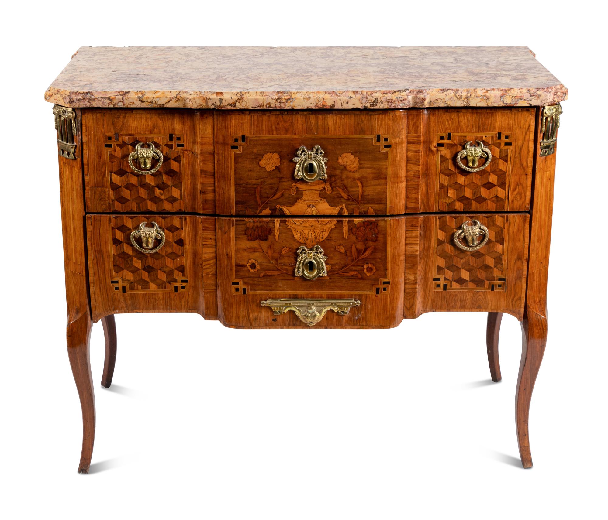 A Swedish Gilt Bronze Mounted Marquetry and Tortosa Brocatello Marble-Top Commode