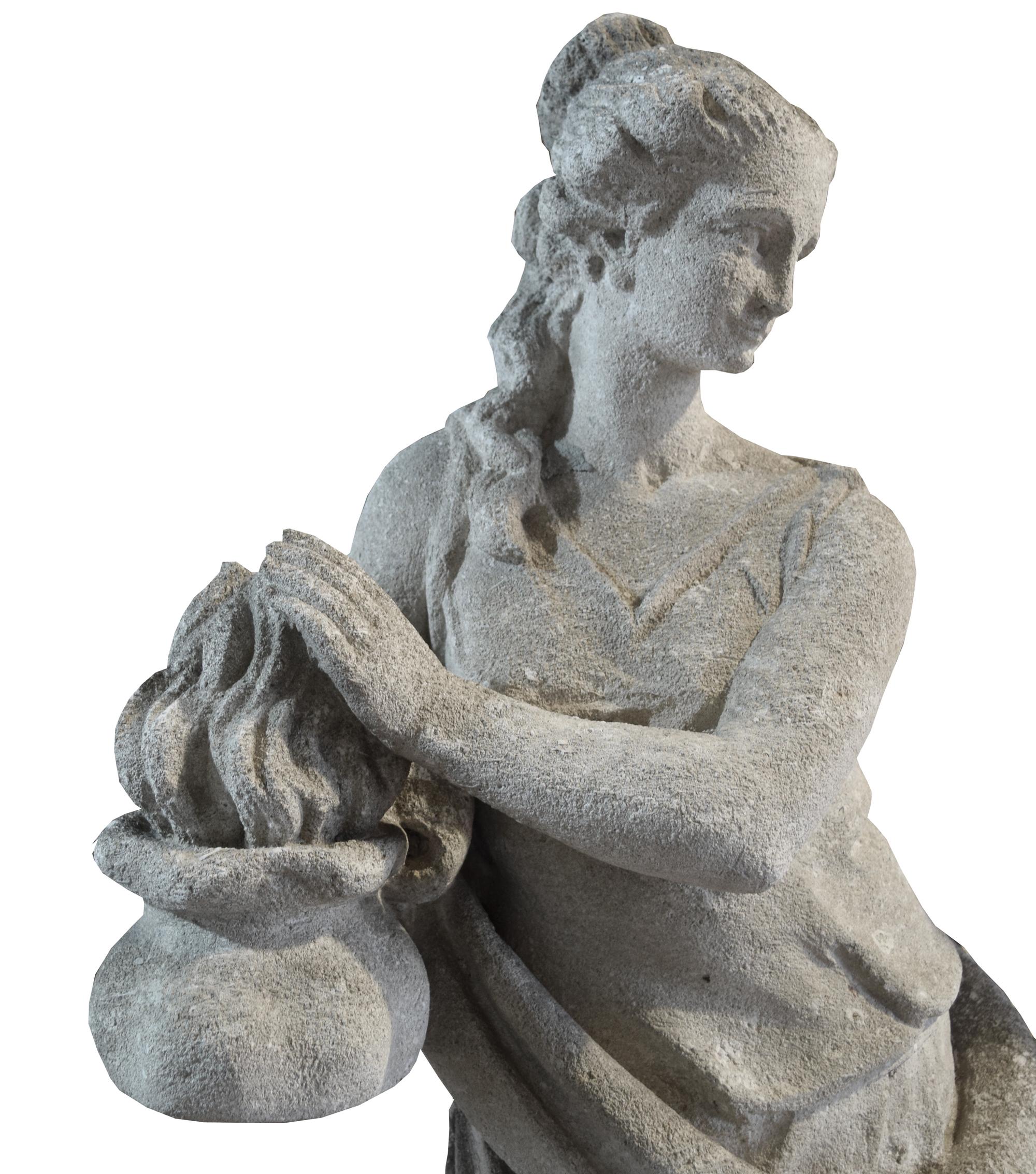 A Set of Four Carved Stone Statues Allegorical of the Seasons 14.5" W x 11" D x 35" H, 14.5" x 11" x 36", 13" x 11" x 35.25", 14" x 11. — Italian, Circa 1870