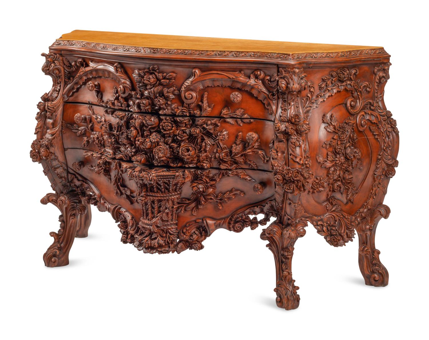 A Continental Floral-Carved and Painted Wood Commode