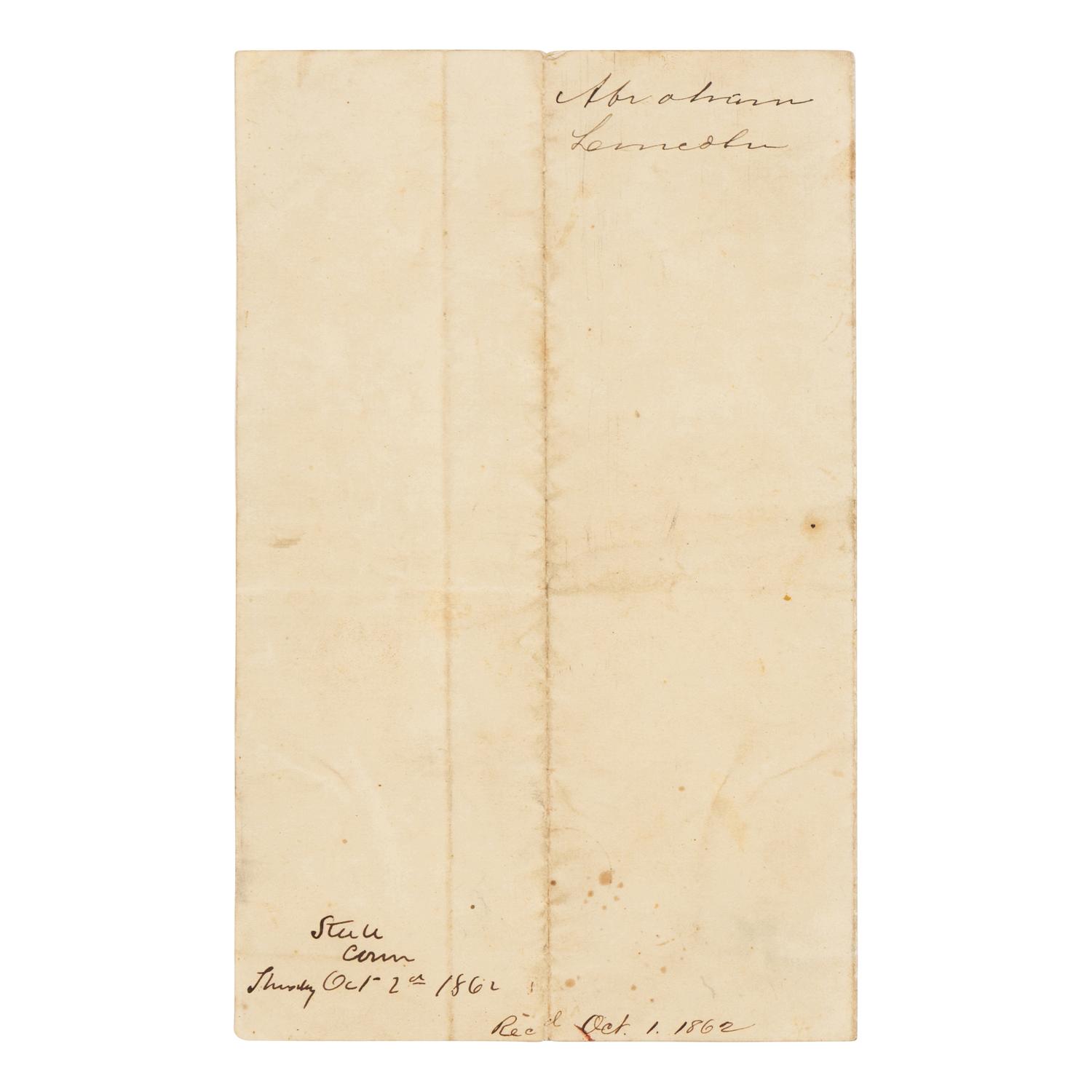 LINCOLN, Abraham (1809-1865). A hitherto unpublished autograph memorandum, Washington, D.C., 22 September 1862.