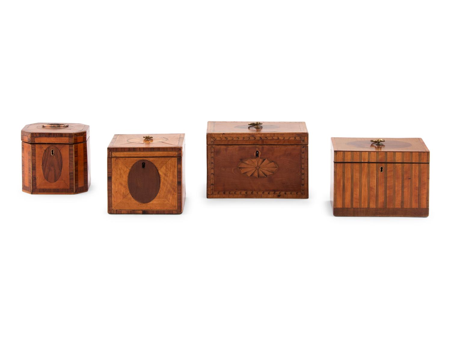 A Group of Four English Parquetry Tea Caddies