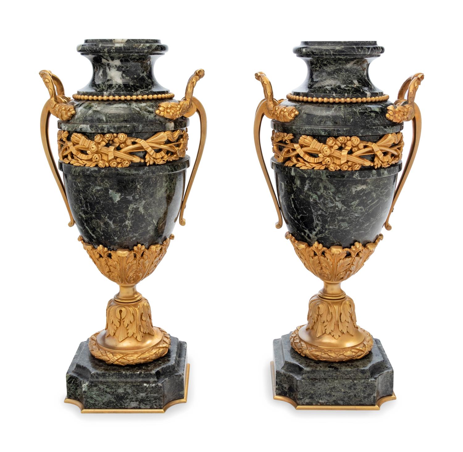 A Pair of Neoclassical Gilt Bronze Mounted Marble Urns