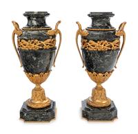 A Pair of Neoclassical Gilt Bronze Mounted Marble Urns