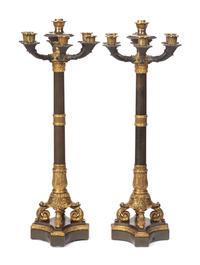 A Pair of French Neoclassical Gilt and Patinated Bronze Seven-Light Candelabra