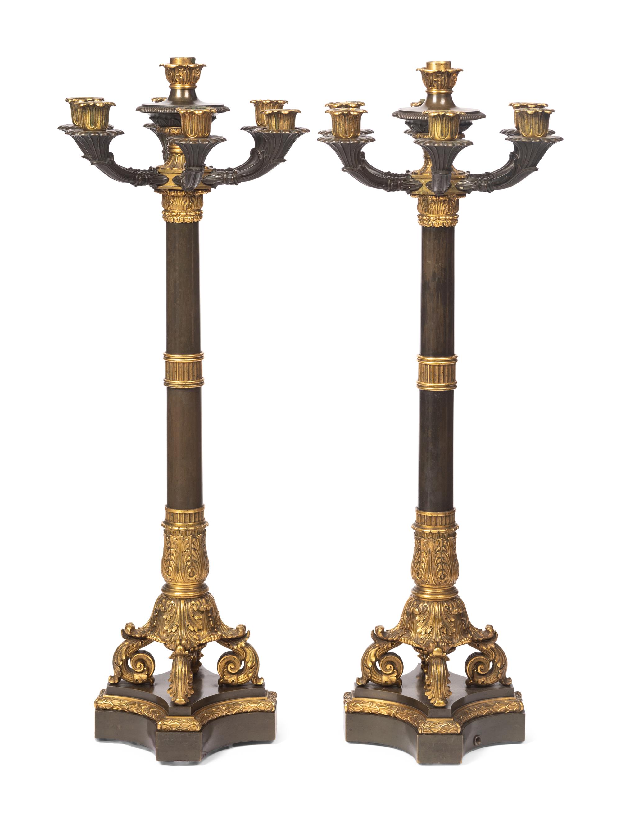 A Pair of French Neoclassical Gilt and Patinated Bronze Seven-Light Candelabra