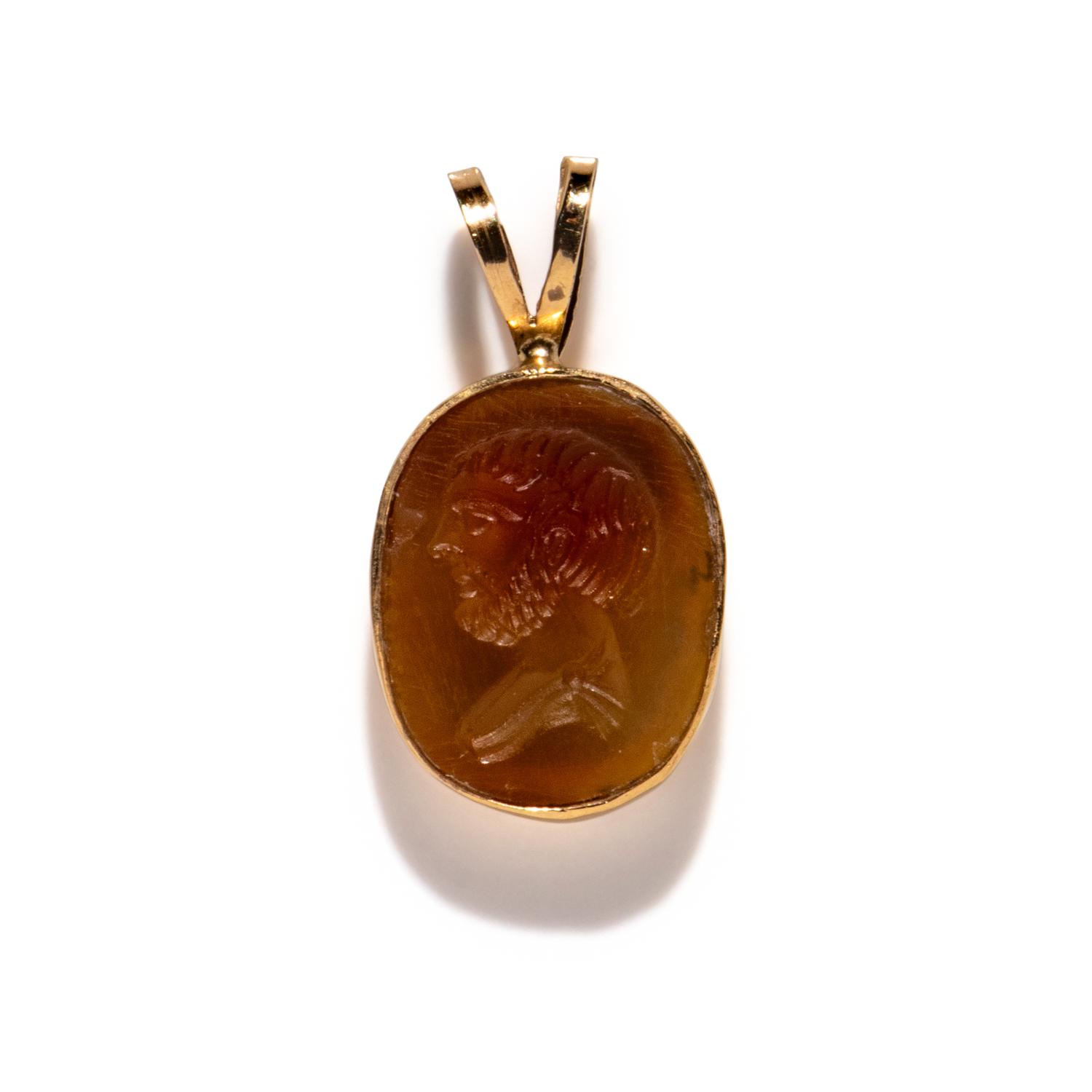 A Neoclassical Gold and Carnelian Pendant with a Male Portrait Head — with a modern gold chain