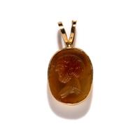 A Neoclassical Gold and Carnelian Pendant with a Male Portrait Head — with a modern gold chain
