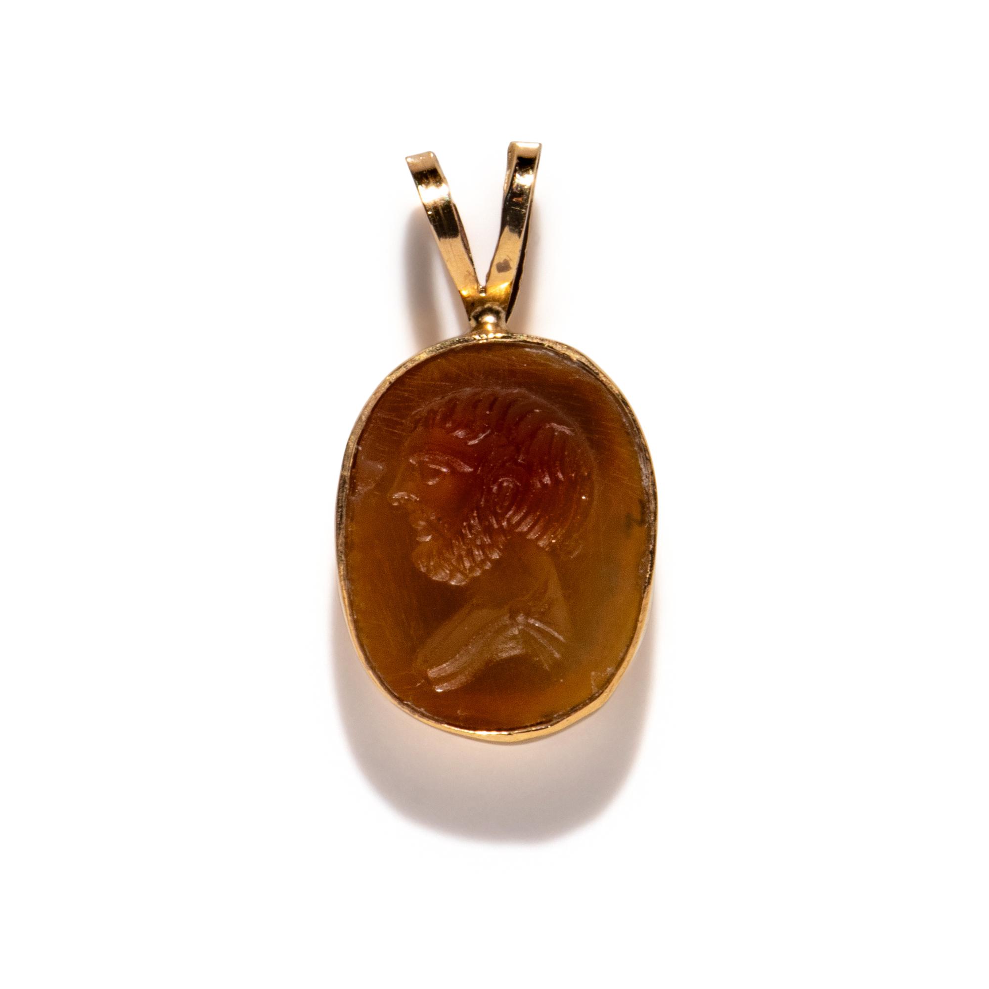 A Neoclassical Gold and Carnelian Pendant with a Male Portrait Head — with a modern gold chain