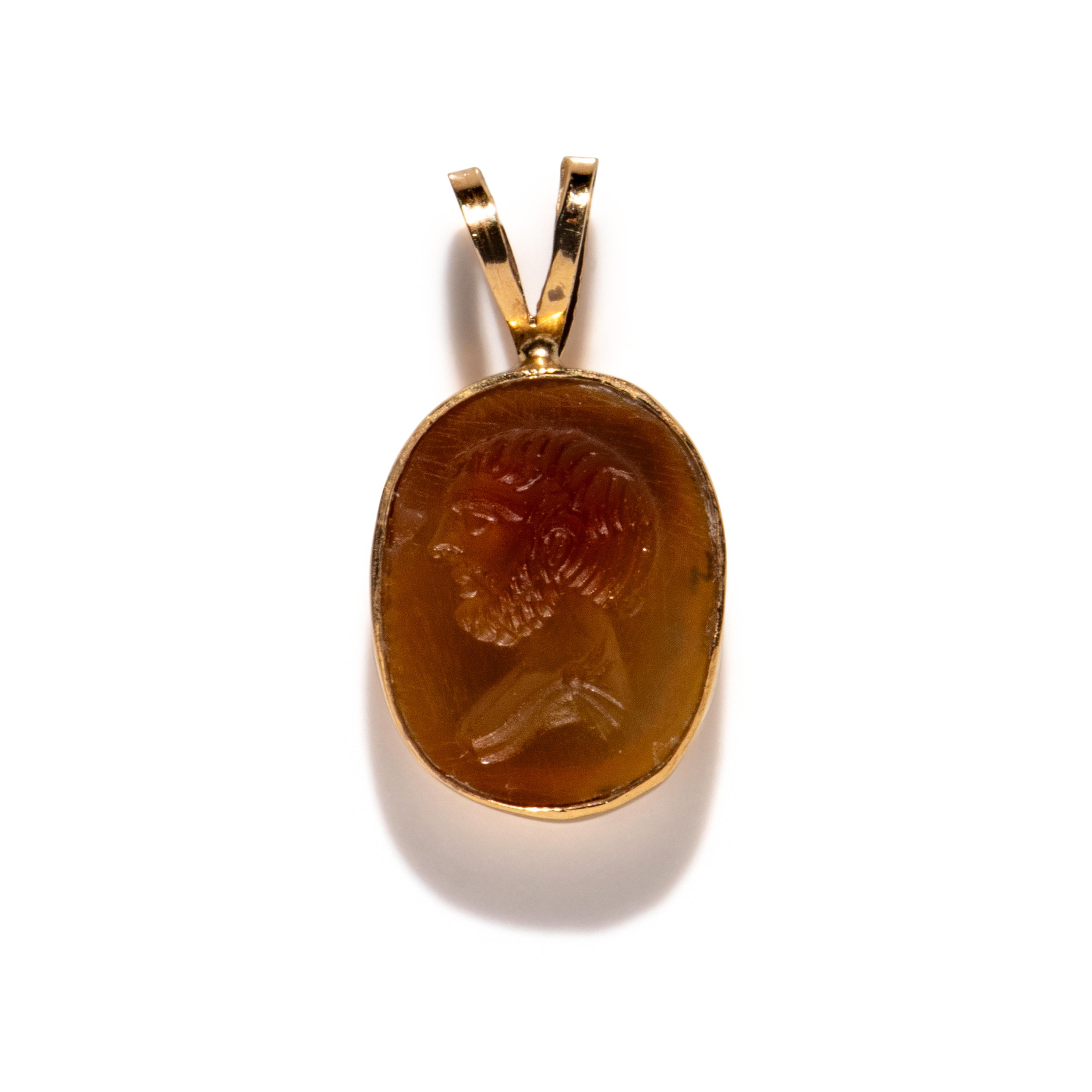 A Neoclassical Gold and Carnelian Pendant with a Male Portrait Head — with a modern gold chain