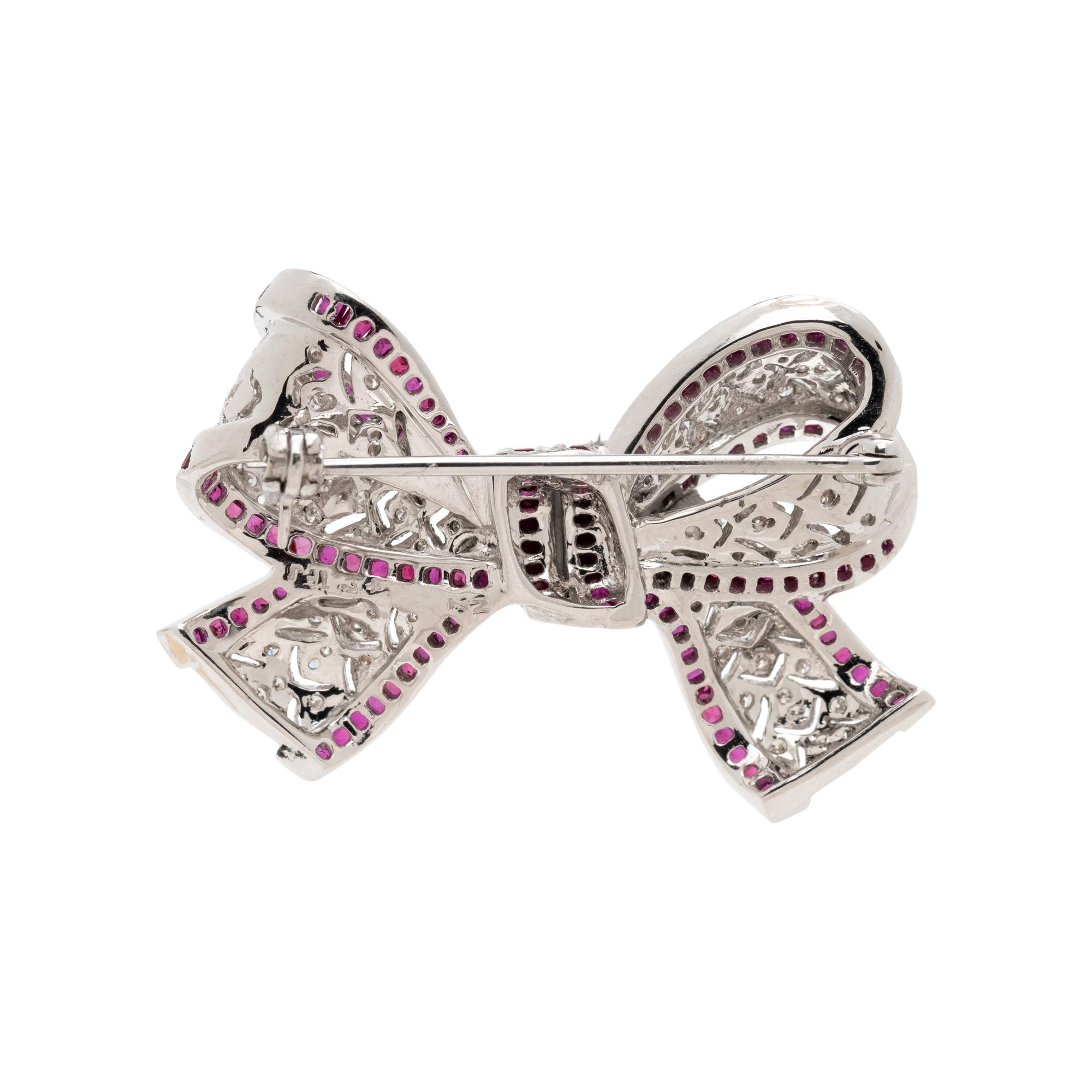 DIAMOND AND RUBY BOW BROOCH