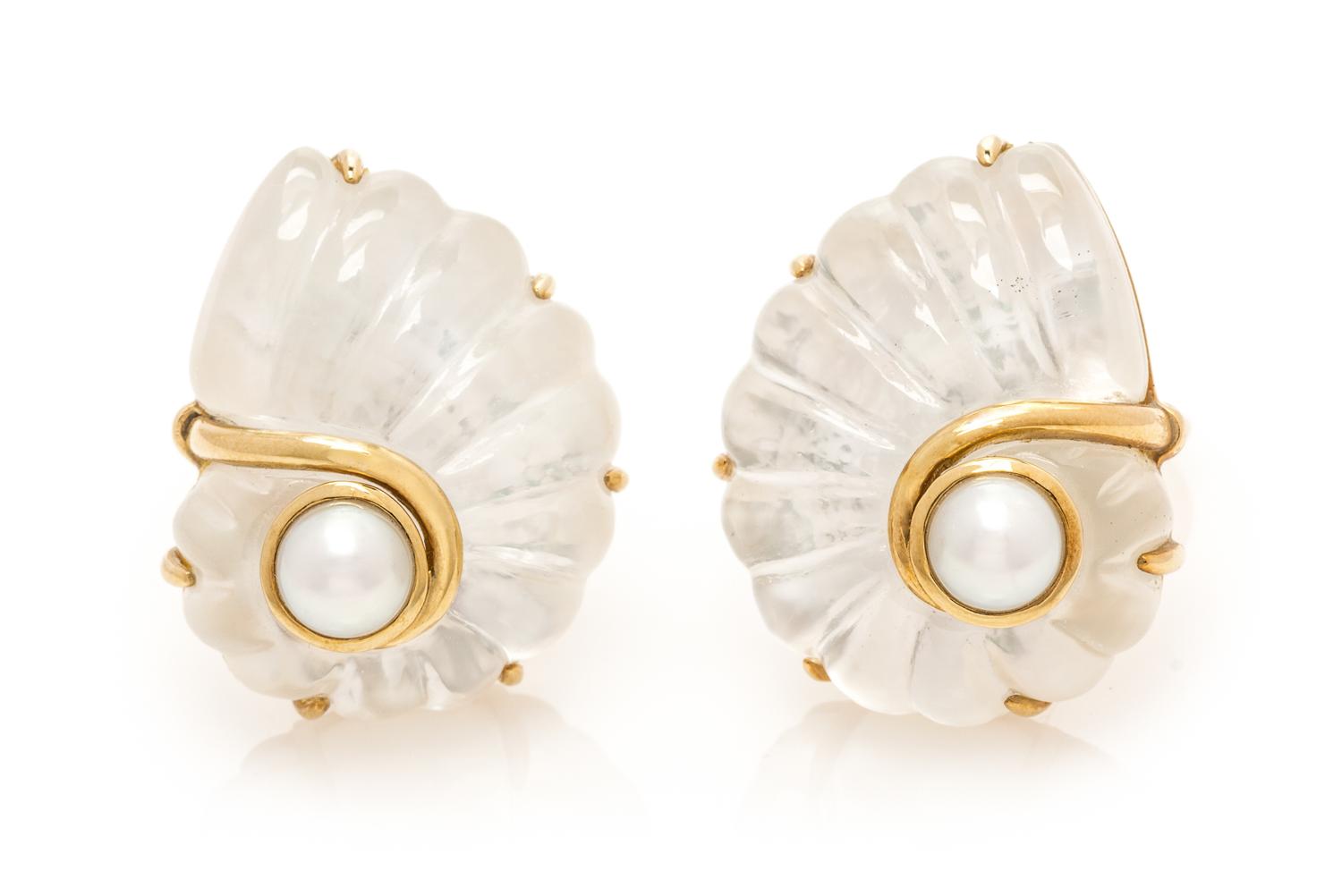 A Pair of 18 Karat Yellow Gold, Rock Crystal, Cultured Pearl and Mother-of-Pearl Earclips, Trianon, 15.90 dwts.