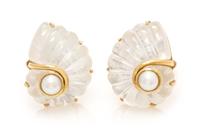 A Pair of 18 Karat Yellow Gold, Rock Crystal, Cultured Pearl and Mother-of-Pearl Earclips, Trianon, 15.90 dwts.