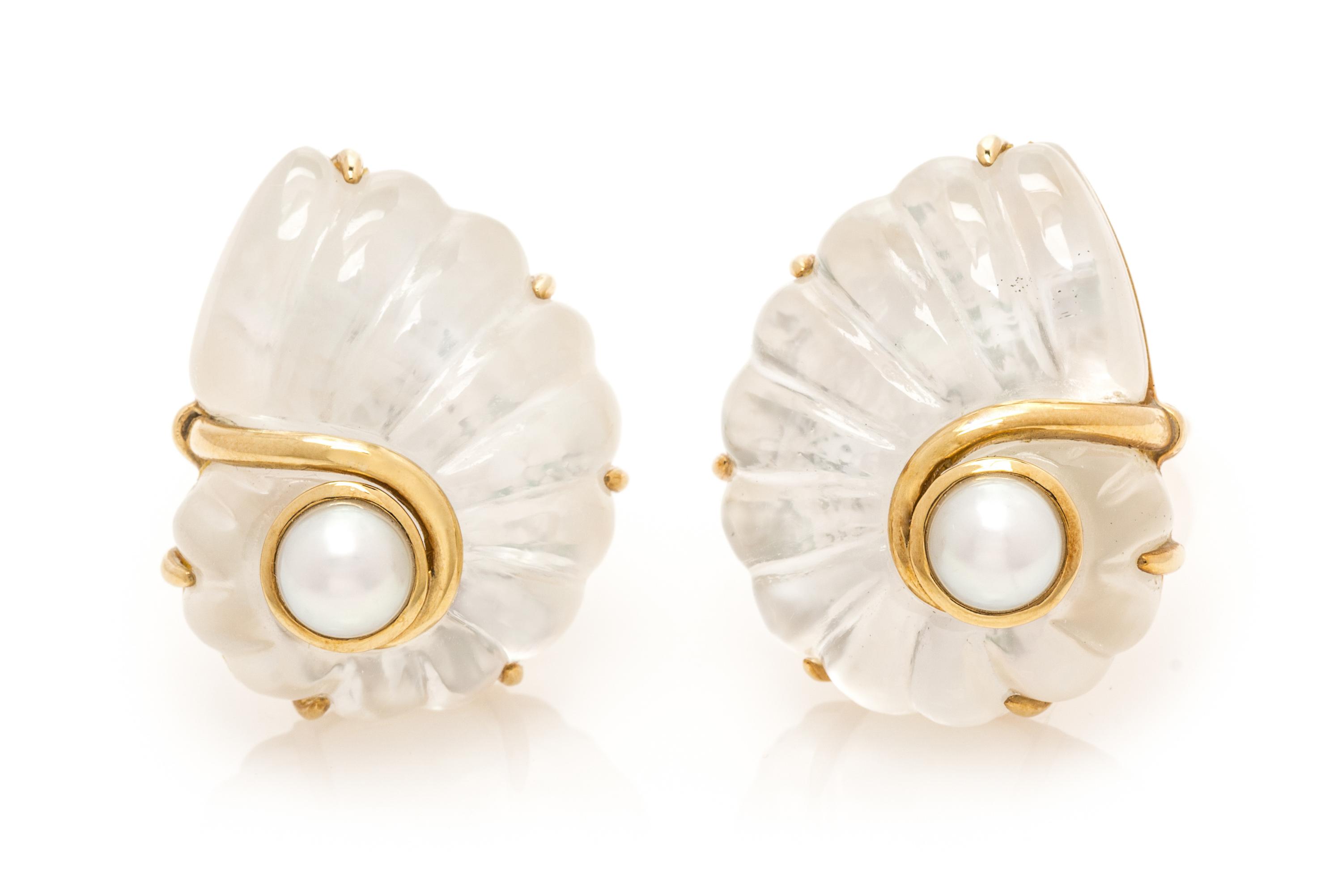 A Pair of 18 Karat Yellow Gold, Rock Crystal, Cultured Pearl and Mother-of-Pearl Earclips, Trianon, 15.90 dwts.