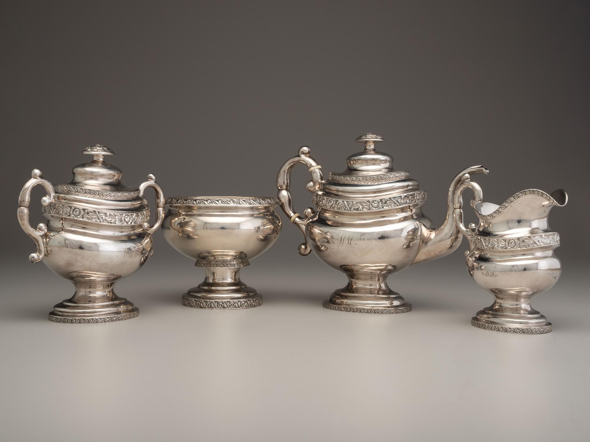 A Thomas Richards Coin Silver Three-Piece Tea Service and Associated Bowl