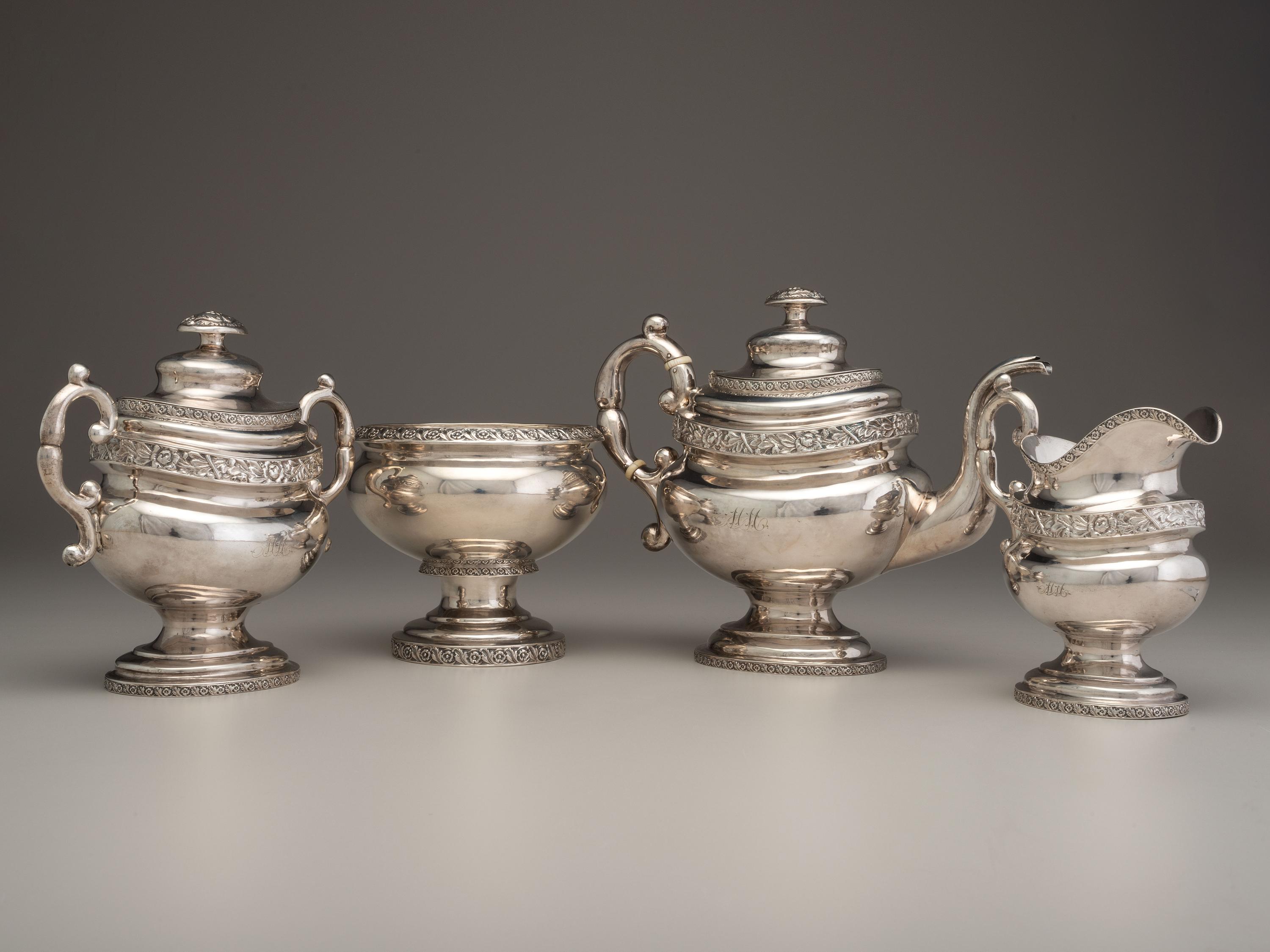 A Thomas Richards Coin Silver Three-Piece Tea Service and Associated Bowl