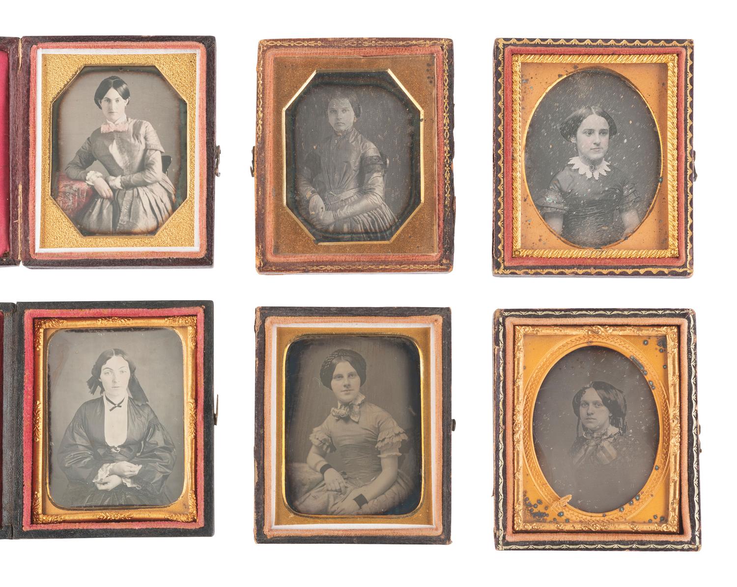 [EARLY PHOTOGRAPHY]. 17 ninth plate daguerreotypes of female subjects and 3 ninth plate ambrotypes.
