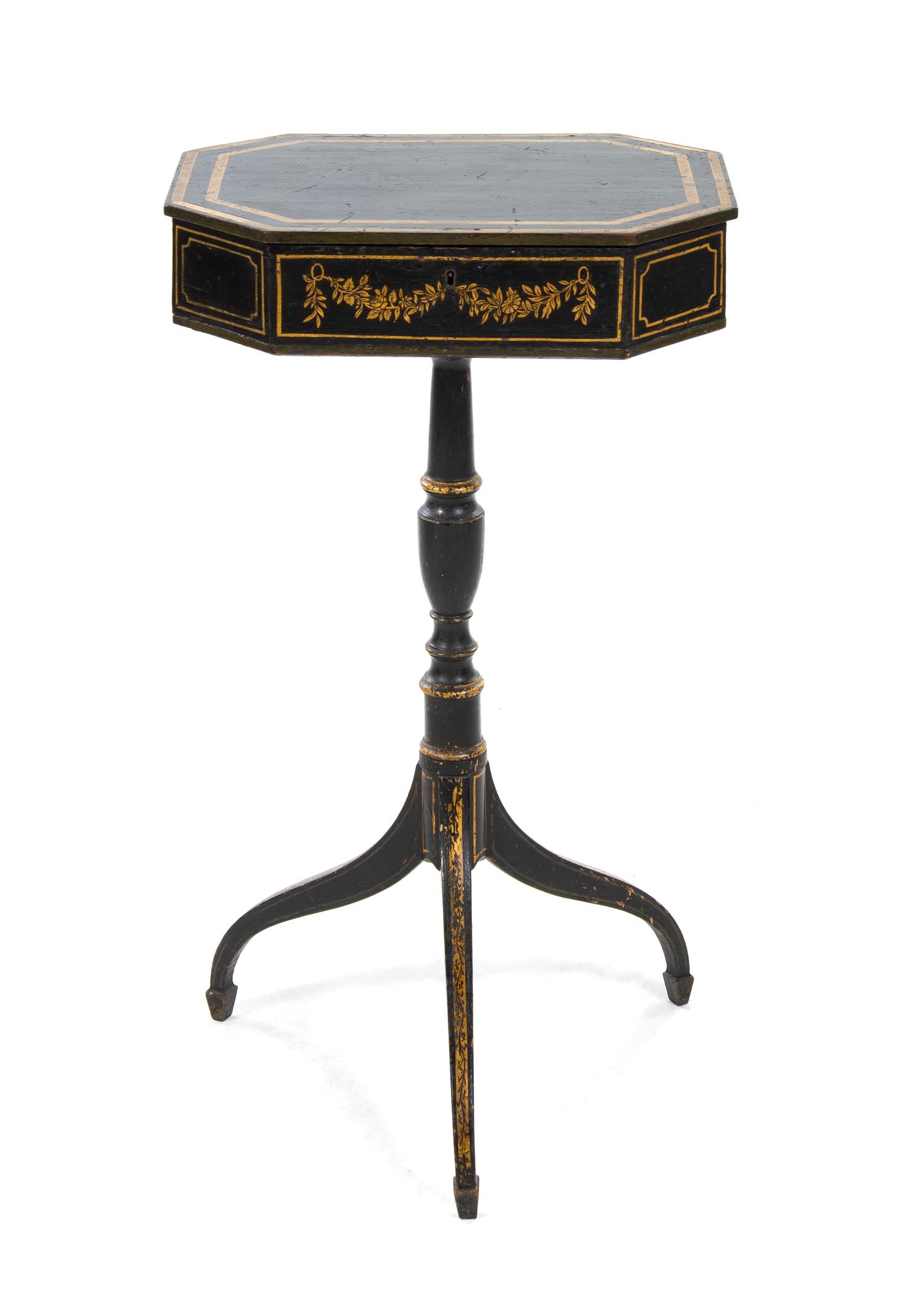 A Regency Painted Sewing Box on Stand, Height 29 x width 16 x depth 12 3/4 inches.