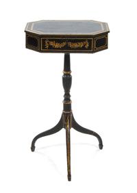 A Regency Painted Sewing Box on Stand, Height 29 x width 16 x depth 12 3/4 inches.